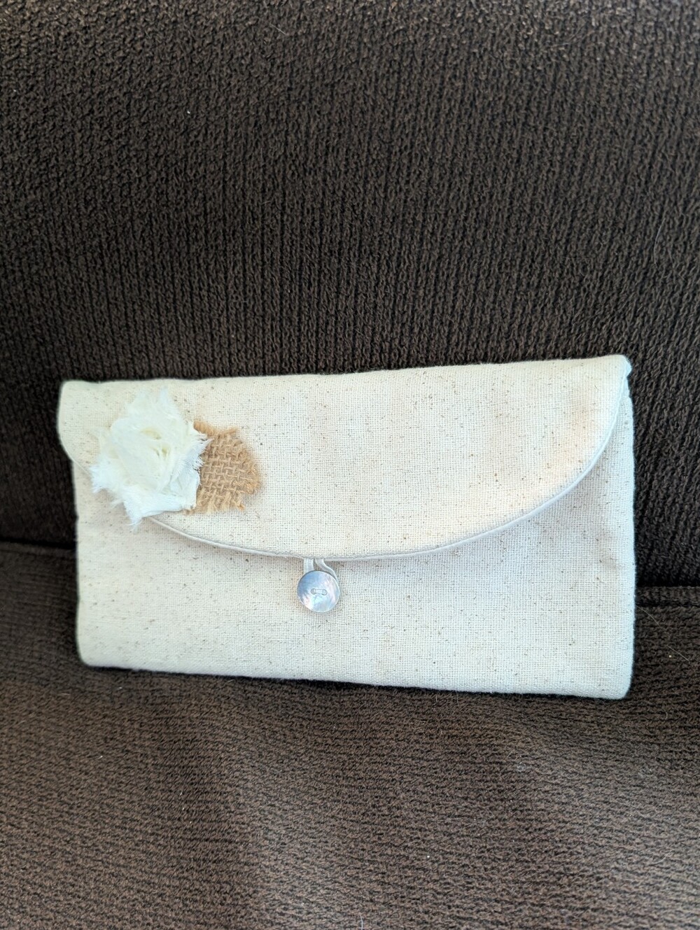 Handmade Off-White Linen Clutch Bag with Decorative Flower